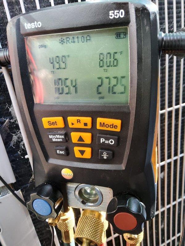 Completed spring tune-up on 2-year-old air conditioning system operating with R410A refrigerant. Performed comprehensive system diagnostics using digital manifold gauges to verify proper refrigerant pressures and temperatures, measuring superheat and subcooling values to confirm optimal system performance. Inspected condenser unit coil fins, verified electrical connections, and documented all operating parameters. System found to be functioning within manufacturer specifications with no deficiencies noted. Customer renewed membership during service visit.