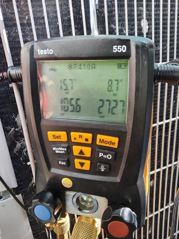 Completed spring tune-up on 2-year-old air conditioning system operating with R410A refrigerant. Performed comprehensive system diagnostics using digital manifold gauges to verify proper refrigerant pressures and temperatures, measuring superheat and subcooling values to confirm optimal system performance. Inspected condenser unit coil fins, verified electrical connections, and documented all operating parameters. System found to be functioning within manufacturer specifications with no deficiencies noted. Customer renewed membership during service visit.