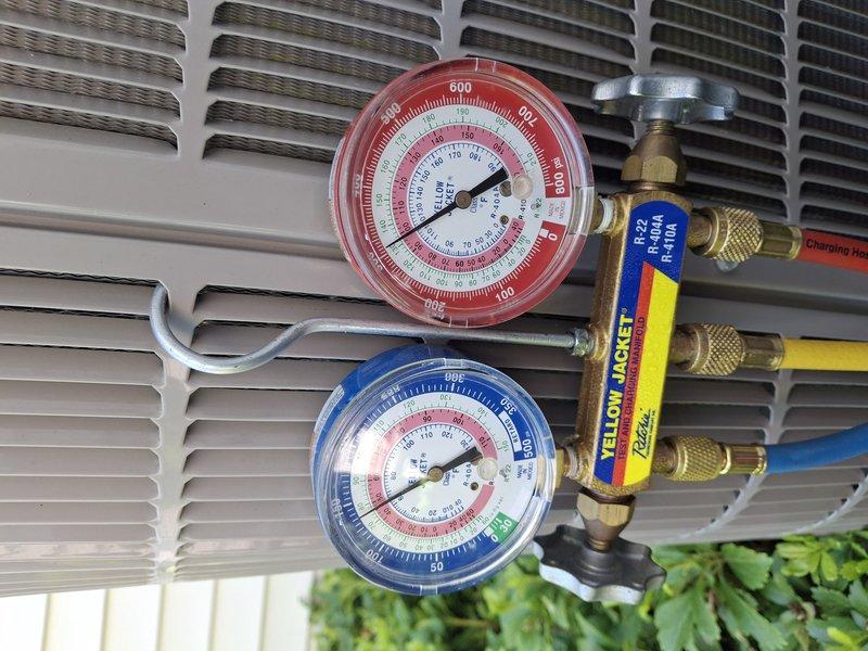 Completed comprehensive air conditioning maintenance tune-up on 8-year-old cooling system for Home Plan member. Performed full system inspection including refrigerant pressure testing using manifold gauge set, confirmed proper operating pressures and system charge levels. Inspected and cleaned return air grilles, verified all components functioning within manufacturer specifications, system operating efficiently with no issues identified.