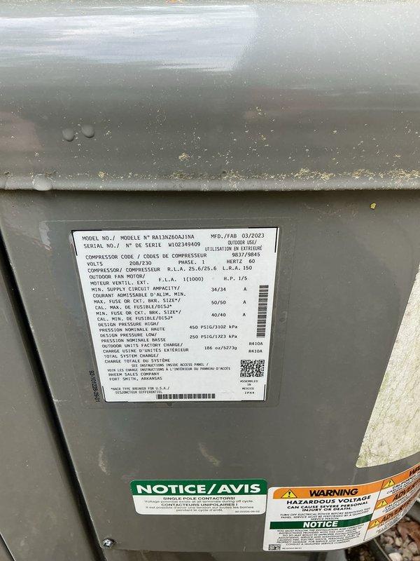 Performed comprehensive assessment of 4-year-old residential HVAC system experiencing refrigerant leak. Inspected outdoor condensing unit and indoor air handler in basement mechanical room, documented equipment specifications and current operating conditions, and provided detailed replacement estimate for complete system upgrade due to active leak and unit age considerations.