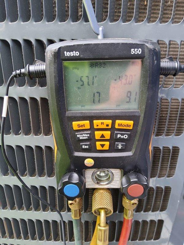 Responded to no cooling complaint on 5-year-old residential air conditioning system affecting entire home. Upon arrival, performed diagnostic evaluation using digital manifold gauges to assess refrigerant pressures and system temperatures. Inspection revealed system operating with abnormal parameters as indicated by gauge readings. Examined indoor furnace unit and outdoor condensing equipment, checking refrigerant lines, electrical connections, and overall system operation. Documented equipment conditions with photos for service records. Provided customer with diagnostic findings and prepared quote for complete system replacement as requested.