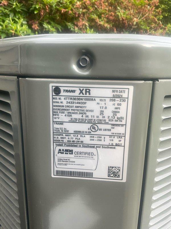 Performed comprehensive cooling system tune-up on Trane XR model 4TTR3030N1000BA outdoor condensing unit. Conducted standard maintenance procedures including system diagnostics, refrigerant pressure and temperature measurements using digital manifold gauges, and verification of electrical specifications against manufacturer nameplate ratings. Unit operational parameters confirmed within normal range, with system demonstrating proper cooling performance upon completion of preventive maintenance service.