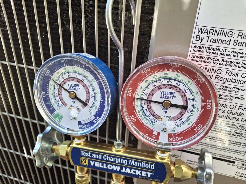 Performed system start-up and commissioning on newly installed air conditioning system. Connected manifold gauges to verify refrigerant pressures and system charge levels, confirming proper operation of both high and low side pressures. Measured electrical parameters with multimeter to ensure correct voltage supply and system performance, verifying all components functioning within manufacturer specifications.