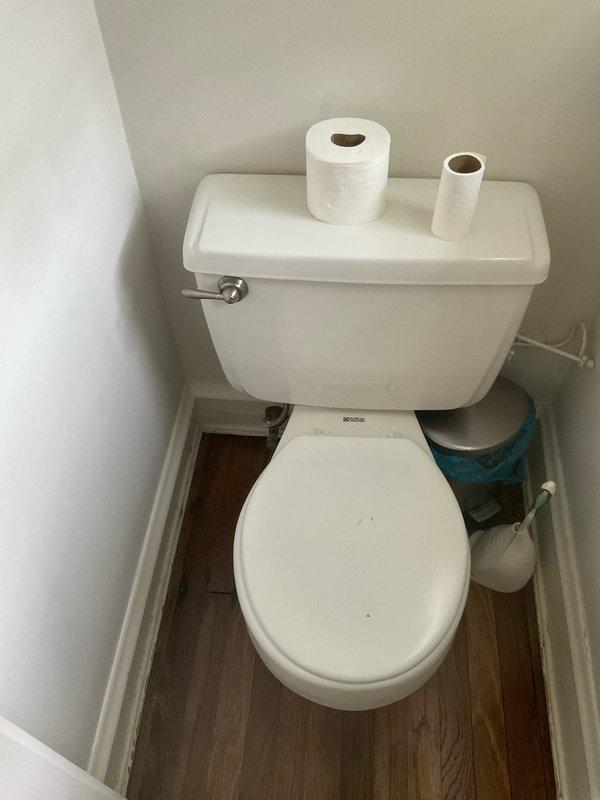 Responded to service call for leaking toilet water supply line. Upon arrival, inspected toilet installation and identified active leak at water supply connection. Assessed overall condition of existing two-piece toilet and surrounding plumbing fixtures. Provided customer with detailed estimate for complete toilet replacement including new wax ring, supply line, and proper installation. Documented existing conditions with photographs for estimate purposes.