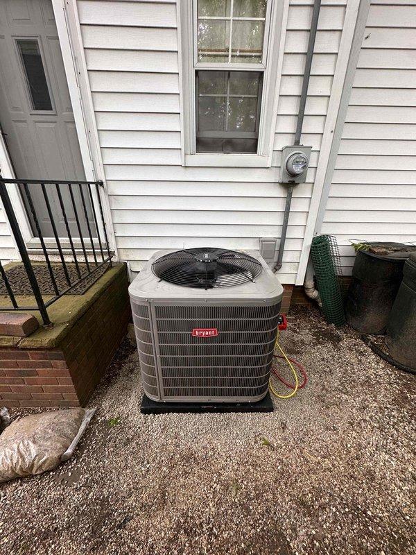 Completed full HVAC system replacement including new Bryant air conditioning condensing unit, furnace, evaporator coil, Ecobee smart thermostat, and 700CFM media air cleaner. Positioned outdoor condensing unit on gravel pad with proper clearances from structure, installed refrigerant line set with appropriate insulation, and established electrical connections to exterior disconnect and meter base. Verified proper refrigerant charge using manifold gauges, confirmed correct superheat and subcooling values, and tested system operation through complete heating and cooling cycles. All equipment installed to manufacturer specifications and local code requirements with system operating at optimal performance levels.