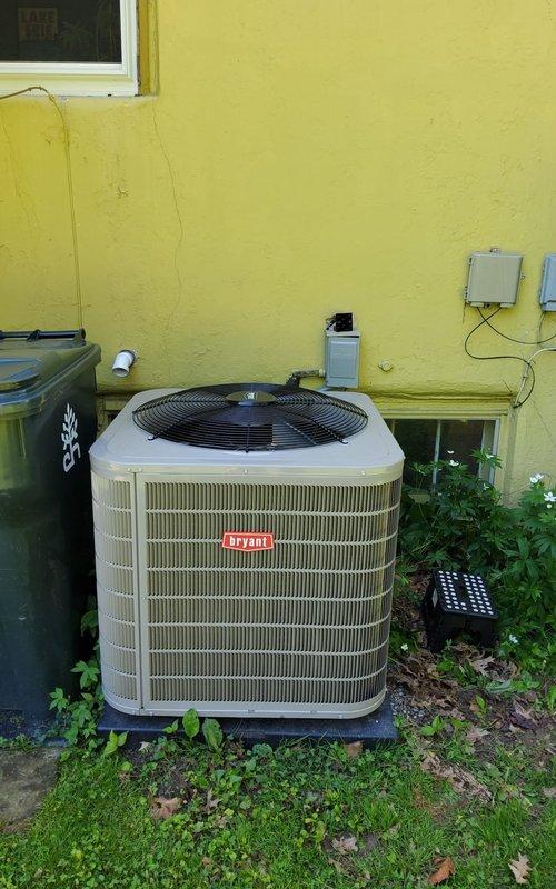 Responded to warranty call for Bryant AC unit installed 6 months prior experiencing hissing noise and inadequate cooling, unable to reach below 74 degrees on first use of season. Upon inspection of outdoor condenser unit and indoor air handler, identified refrigerant leak causing low charge and reduced cooling capacity. Located leak point, performed necessary repairs, evacuated system, and recharged to manufacturer specifications. Verified proper airflow, tested system operation through complete cooling cycle, and confirmed unit now achieving proper temperature differential and operating quietly without abnormal sounds. System restored to full functionality under warranty coverage.