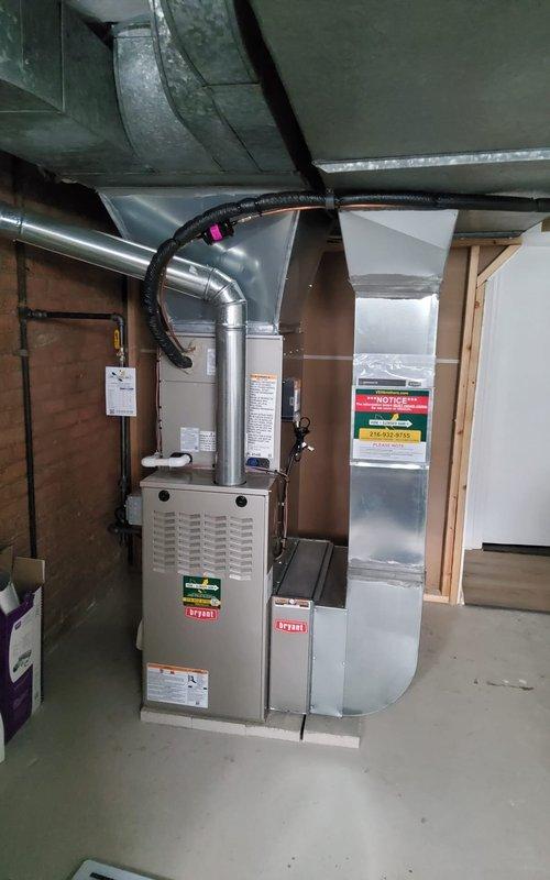 Completed system start-up on recently installed Bryant HVAC system consisting of indoor furnace with air handler and outdoor condensing unit. Verified proper operation of all components, checked refrigerant levels, tested airflow through ductwork connections, and confirmed system cycling and temperature differential met manufacturer specifications. System start-up was delayed to ensure ambient temperature exceeded 70 degrees for accurate performance testing and optimal refrigerant charge verification.