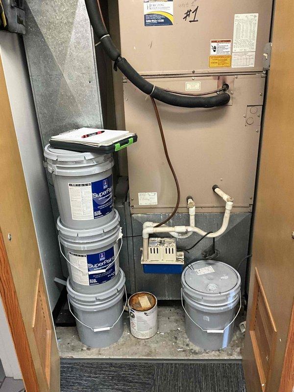 Responded to commercial facility for HVAC equipment replacement estimate. Assessed multiple existing Luxaire heating and cooling units located in interior mechanical rooms and utility closets. Evaluated current system configurations, ductwork connections, condensate drainage systems, and spatial constraints for potential replacement of three HVAC units. Documented existing equipment conditions, manufacturer specifications, and installation parameters through comprehensive site photography to support equipment sizing and replacement recommendations.