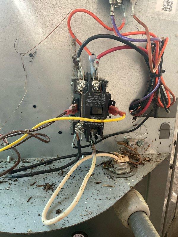 # HVAC Service Call - No Heat Condition

Responded to no heat service call for furnace system. Customer reported furnace trouble with age unknown; unit had been serviced the previous week. Contacted customer en route to confirm appointment and availability.

Upon arrival, performed system evaluation and visual inspection of furnace components. Accessed electrical control panel and examined internal wiring and connections. Inspected contactor/relay assembly with multiple wire terminations including power and control circuit wiring. Verified all wire connections were secure at terminal points.

Examined capacitor component and associated wiring harness. Noted accumulated debris and organic matter on control panel mounting surface, indicating need for routine maintenance cleaning. Documented electrical panel configuration showing standard color-coded wiring arrangement with red, black, yellow, purple, orange, and white conductors.

Checked all electrical connections at contactor terminal 
