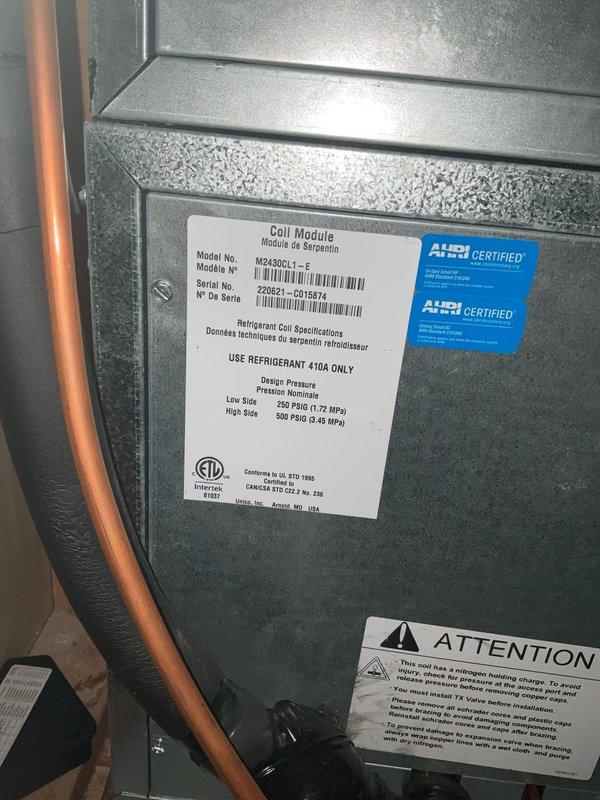 Completed annual preventative maintenance tune-up on a 1-year-old residential cooling system operating without any reported issues. Performed comprehensive inspection of indoor coil module unit (Model MZ43GD1-1-F) and outdoor condenser unit, verified proper refrigerant charge of R-410A, checked electrical connections and voltage, cleaned condenser coils, inspected copper refrigerant lines for leaks or damage, tested system operation and airflow, and confirmed all safety controls functioning correctly. System found to be in excellent condition with normal operating parameters throughout testing phase.