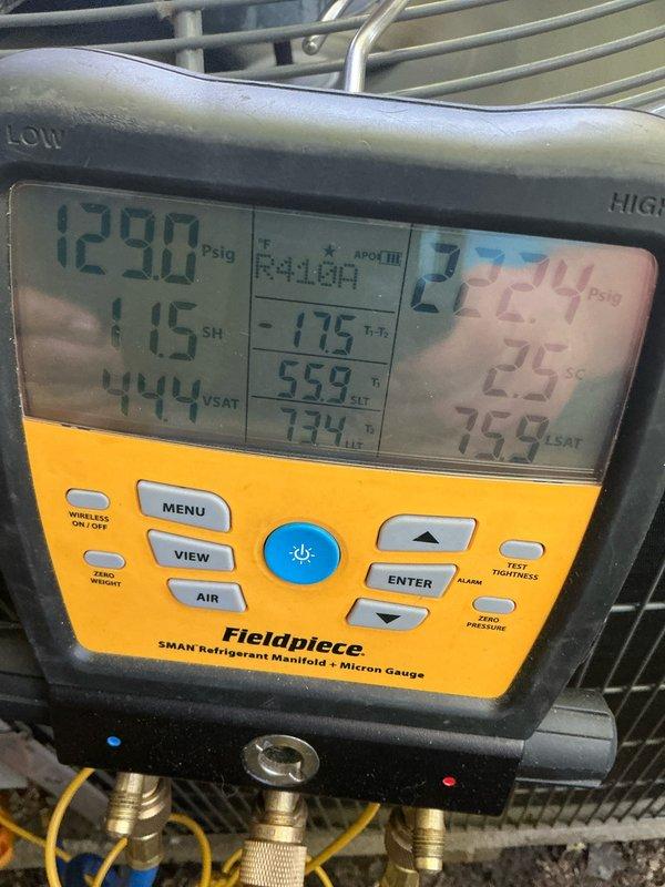 Completed annual maintenance on 9-year-old air conditioning system, including replacement of air filter and comprehensive system evaluation. Performed diagnostic testing of refrigerant pressures and temperatures using digital manifold gauges, confirming proper superheat levels and system operation. Inspected blower assembly and internal components, verifying all mechanical elements are functioning within normal parameters.
