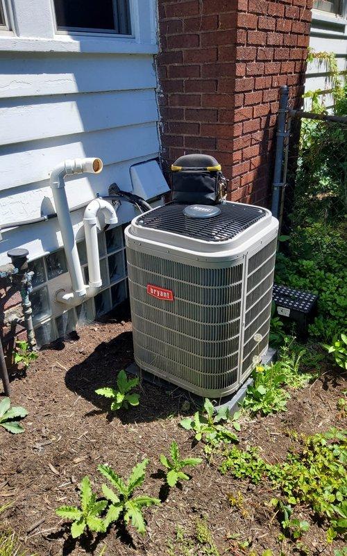 Completed comprehensive air conditioning tune-up and preventive maintenance on 5-year-old Bryant outdoor condensing unit and indoor air handling system. Performed standard maintenance protocol including inspection of all mechanical components, electrical connections, refrigerant lines, condensate drainage system, and ductwork connections. All equipment found operating within normal parameters with no immediate service needs identified at this first maintenance visit.