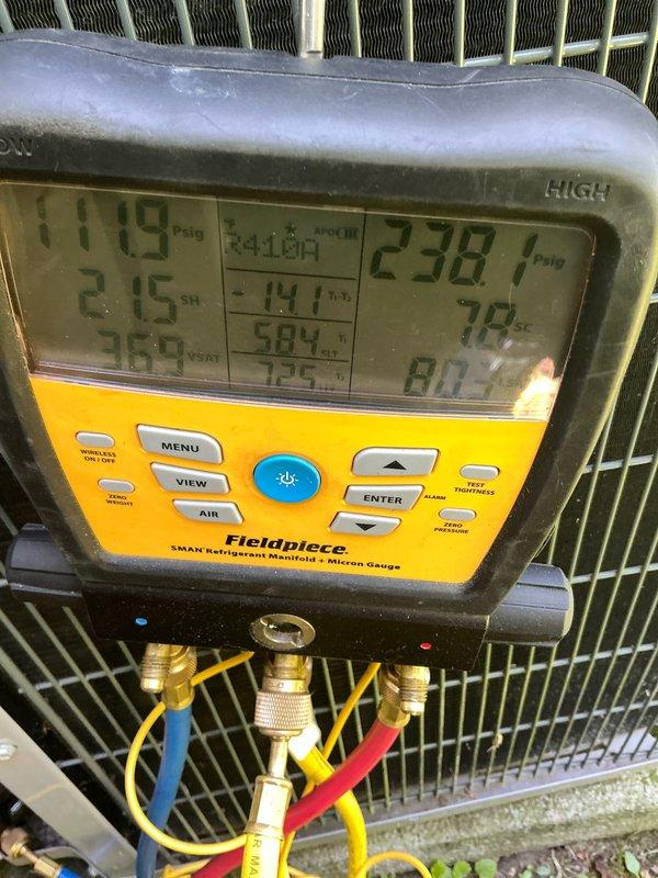 Performed comprehensive annual maintenance on a 7-year-old air conditioning system. Conducted refrigerant system diagnostics using manifold gauges, recording pressures, temperatures, superheat, and subcooling values to verify proper system charge and operation. Inspected blower wheel assembly and noted moderate dust accumulation on hub and blades; cleaned components to restore optimal airflow efficiency. Checked all electrical connections, tested system startup and shutdown sequences, and verified proper operation of all cooling components. System is operating within manufacturer specifications and ready for the cooling season.