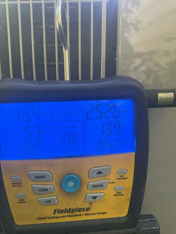 Performed preventative maintenance on a 6-year-old Carrier/BDP condensing unit, model CNPVP36017ALAAAAA, utilizing R-410A refrigerant. Measured and recorded system pressures and temperatures using digital manifold gauges, confirming proper operating conditions and refrigerant charge levels. Inspected condenser coil fins, manufacturer labels, and safety documentation, verifying all components were functioning within normal parameters.