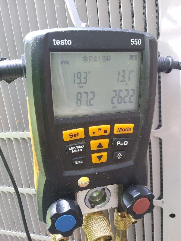 Completed preventive maintenance tune-up on heat pump air conditioning system. Performed system diagnostics using digital manifold gauges, measuring refrigerant pressures and temperatures to verify proper operation. Replaced air filter per customer request for additional charge. System operating within manufacturer specifications at time of service.