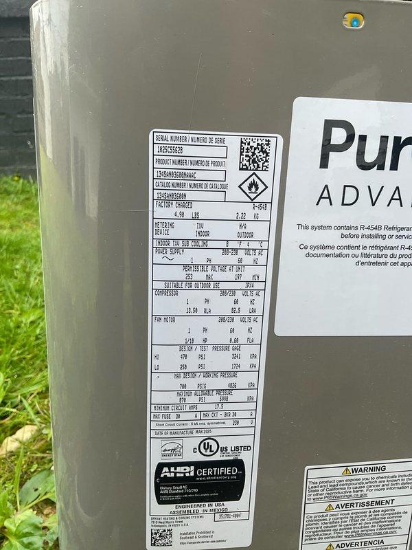 Performed comprehensive tune-up on one-year-old residential air conditioning system utilizing R-454B refrigerant. Conducted diagnostic testing with refrigerant manifold and micron gauge, confirming system operating within manufacturer specifications with suction pressure at 105.9 psig, liquid line pressure at 78.15 psig, and superheat reading of 10.2°F. Inspected condenser unit exterior components, verified all safety labels and manufacturer specifications intact, and confirmed Energy Star certified unit functioning properly with no deficiencies noted.