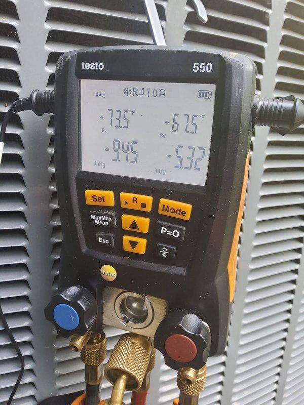 Performed comprehensive assessment of 15-year-old residential air conditioning system using Testo 550 digital manifold gauge to measure R-410A refrigerant pressures and temperatures. Based on system age, operating conditions, and diagnostic readings showing suction and discharge pressures, provided customer with evaluation findings and replacement recommendations for the outdoor condensing unit.