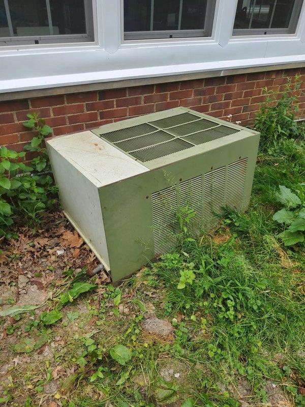 Completed scheduled recurring cooling maintenance service on outdoor air conditioning unit. Upon arrival, found unit operational but surrounded by overgrown vegetation including weeds, grasses, and climbing vines that had encroached significantly around the equipment. Removed access panel for internal inspection and discovered compressor exhibiting extensive rust coverage across entire cylindrical surface, indicating advanced age and prolonged weather exposure. Documented equipment condition through photographs showing heavily corroded compressor, coil assembly, electrical control components with exposed wiring, and fan motor assembly. Unit's green metal housing also displayed signs of aging and outdoor element exposure. Cleared immediate area of fallen leaves and debris. Verified unit operation and confirmed cooling system functionality despite visible deterioration of internal components. Recommended monitoring compressor condition closely due to extensive corrosion and considering v