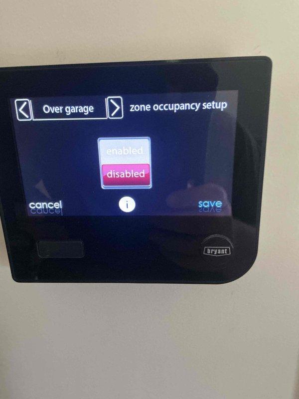 Responded to no cooling call on 3-year-old Bryant air conditioning system. Upon arrival, performed system diagnostics and found thermostat configuration issues affecting zone control operation. Accessed thermostat settings menu and reviewed zone occupancy setup for over-garage area, which was improperly configured. Verified DNS settings and network connectivity on Bryant touchscreen control panel to ensure proper communication between thermostat and HVAC equipment. Adjusted zone settings from disabled to enabled status and confirmed proper thermostat-to-system communication. Tested system operation and verified cooling cycle initiated correctly. System now functioning as designed with proper zone control and thermostat response.
