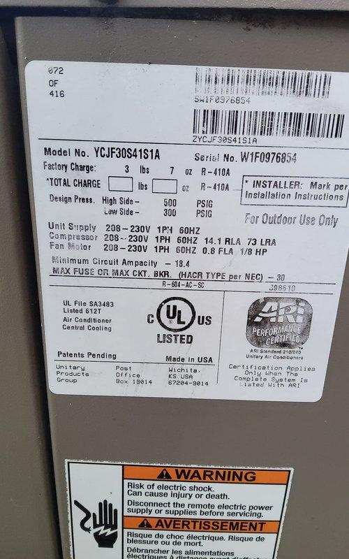 Completed seasonal air conditioning tune-up on York model YCJF30S41S1A outdoor condensing unit containing 3 lbs 7 oz of R-410A refrigerant. Performed comprehensive system inspection and maintenance on unit that has been in service for approximately 20 years. Cleaned condenser coil, checked electrical connections, verified proper voltage at 208-230V single-phase supply, and confirmed refrigerant charge levels. System was found to be operational with no immediate issues detected during diagnostic evaluation.