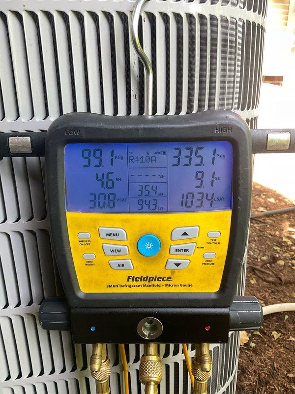 Completed comprehensive air conditioning tune-up on 5-year-old Goodman condensing unit (Model: CNPVP3617ALAAAAA, Serial: 2021X36463) utilizing R-410A refrigerant. Verified system pressures and temperatures using calibrated manifold gauge, confirming operating pressures at 99 psig low side and 335 psig high side with appropriate superheat and subcooling readings. System found operating within normal parameters with no deficiencies noted.