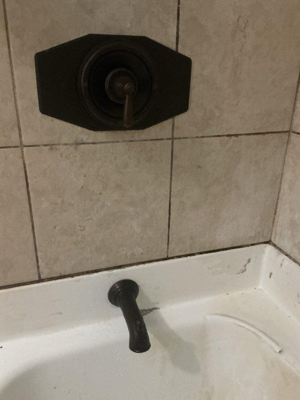 Completed bathtub faucet replacement including installation of new tub spout and shower diverter valve with decorative black escutcheon plate. Accessed plumbing through wall opening to replace copper supply lines and ensure proper water flow to fixtures.