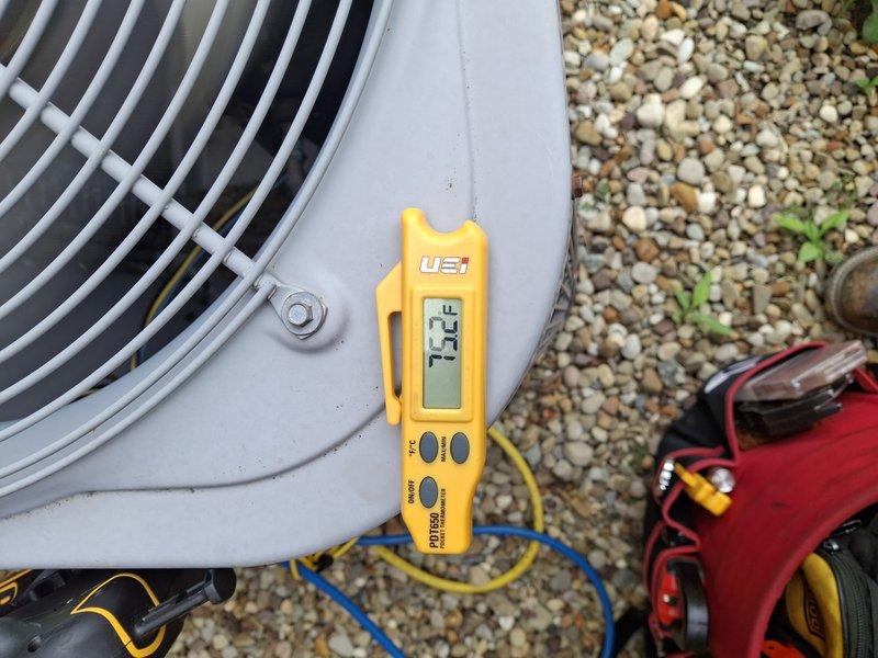 Completed annual cooling maintenance on a 15-year-old air conditioning system. Performed comprehensive tune-up including inspection of evaporator coil which showed moderate dust and dirt accumulation on fins with some water staining present. Conducted temperature diagnostics on outdoor condensing unit, recording operating temperature of 124°F during testing. Cleaned condenser coils, checked refrigerant levels, inspected electrical connections, and verified proper system operation. All components functioning within normal parameters upon completion of service.
