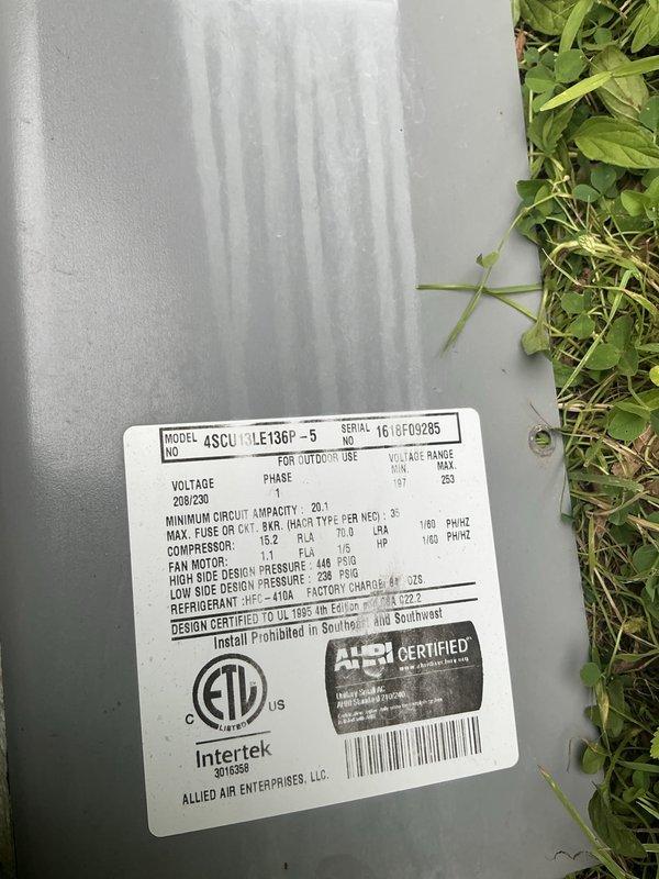 Responded to no cooling call on 6-year-old Allied Air Enterprises AC system (Model 4SCU13LE136P). Upon arrival, confirmed unit was running but no airflow at interior vents affecting entire home. Performed diagnostic testing using refrigerant manifold and micron gauge, measuring system pressures at 112.3 psig low side and 276.6 psig high side with corresponding temperatures. Identified and resolved airflow issue, restoring proper cooling operation to all zones.