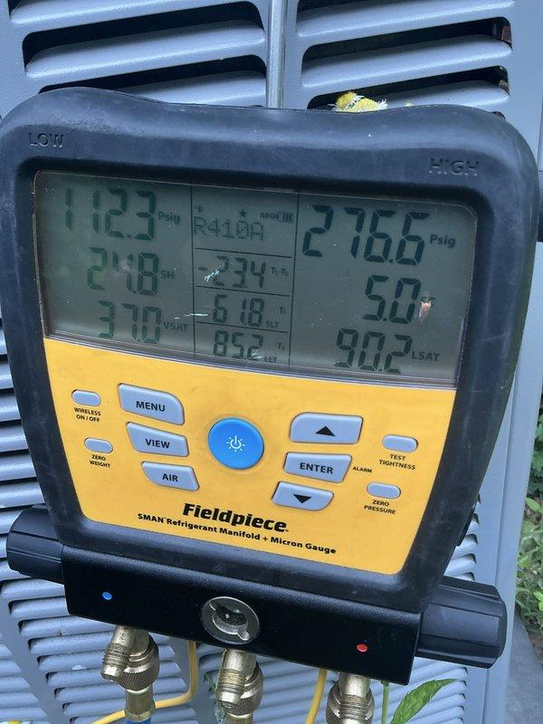 Responded to no cooling call on 6-year-old Allied Air Enterprises AC system (Model 4SCU13LE136P). Upon arrival, confirmed unit was running but no airflow at interior vents affecting entire home. Performed diagnostic testing using refrigerant manifold and micron gauge, measuring system pressures at 112.3 psig low side and 276.6 psig high side with corresponding temperatures. Identified and resolved airflow issue, restoring proper cooling operation to all zones.