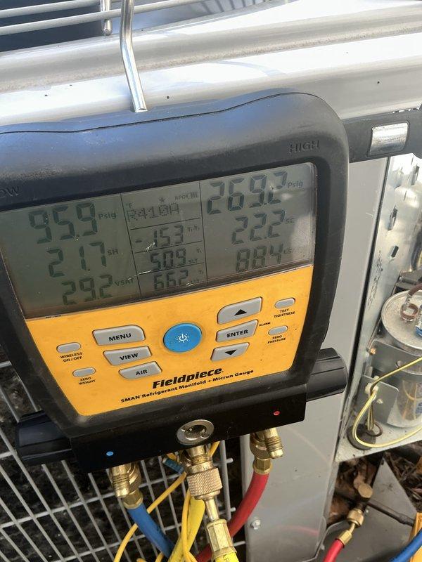 Completed comprehensive AC tune-up on two systems: one indoor unit located in basement and one outdoor unit in backyard, both approximately 3-4 years old. Performed thorough inspection of blower wheel assembly, verified proper operation and cleanliness of centrifugal fan components, and conducted refrigerant system diagnostics using digital manifold gauges to confirm optimal pressure and temperature readings across both systems.