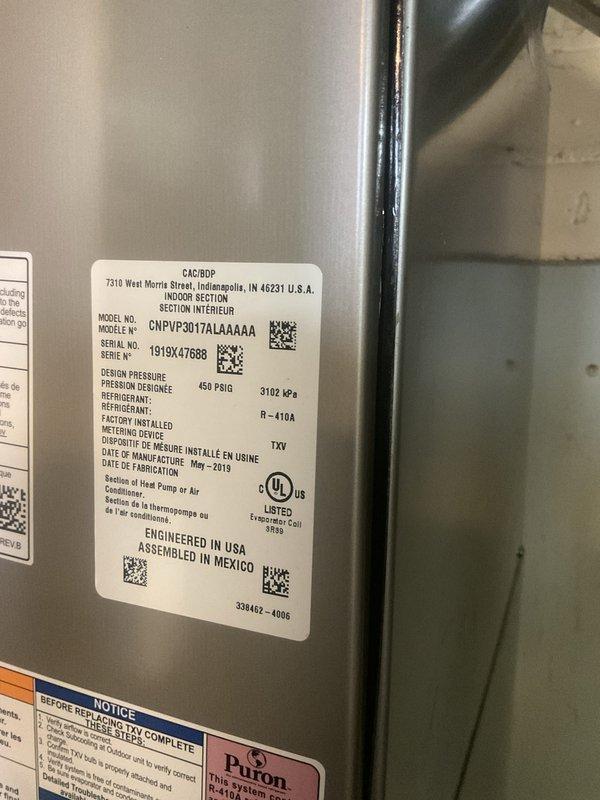 Performed cooling maintenance on an 11-year-old heat pump system (Model: CNPVP3617ALA4AAA, manufactured May 2019). Conducted comprehensive diagnostic testing using refrigerant manifold gauges, recording system pressures of 118.1 PSIG on the low side and 273.6 PSIG on the high side with R-410A refrigerant. System operating parameters verified and found within acceptable range for cooling mode operation.
