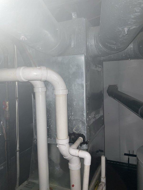 Completed annual air conditioning maintenance on a 23-year-old cooling system. Performed comprehensive inspection of the Trane furnace and associated HVAC components, including visual examination of internal wiring, electrical connections, and mechanical components with lower access panel removed for thorough access. Verified proper operation of humidifier/air handler unit and associated control systems. Inspected ductwork installation including black flexible insulated ducts and support systems throughout the mechanical space. Checked PVC condensate drainage system for proper flow and configuration, ensuring all connections and routing were secure and functional. Tested system electrical components using multimeter to verify proper voltage and amperage readings. Confirmed all equipment operating within manufacturer specifications for the cooling season.