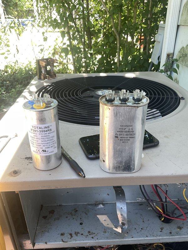 Performed preventive maintenance on a 19-year-old residential air conditioning system. Inspected and tested dual-run capacitor, verified proper voltage readings, and checked electrical connections at the outdoor condensing unit. Cleaned condenser coil, removed debris from unit interior, and confirmed compressor operation within normal parameters.