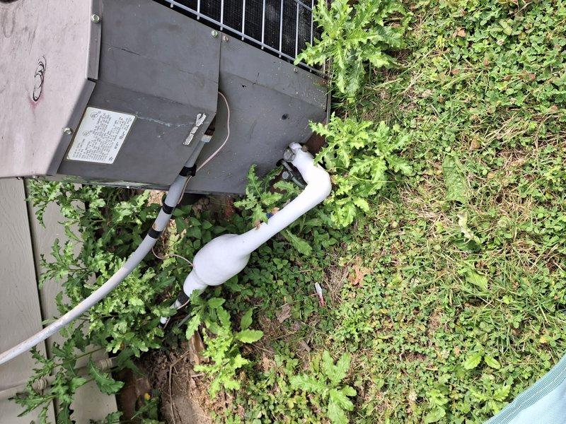 Responded to no cooling complaint on residential air conditioning system over 10 years old. Upon arrival, found outdoor condenser unit operational but indoor evaporator coil frozen with active water leakage from condensate system. Inspected airflow pathways and refrigerant circuit, documented equipment condition and drainage configuration with overgrown vegetation around outdoor unit potentially restricting airflow. System exhibited symptoms consistent with reduced airflow or low refrigerant charge causing coil freeze-up and subsequent water discharge.