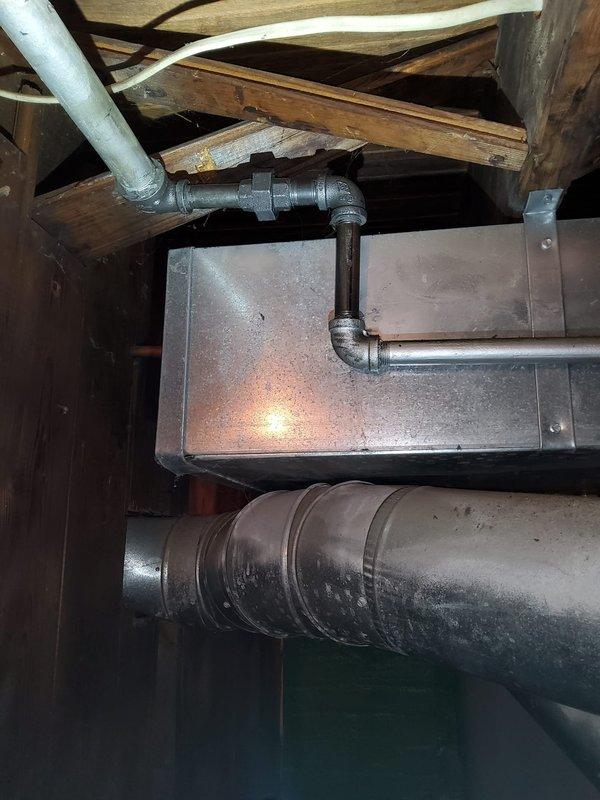 Responded to emergency dispatch for gas leak resulting in complete loss of gas service to residence. Located and repaired gas line leak in crawl space area where copper gas piping connects to distribution system near HVAC components. Restored gas service to house and verified system integrity through pressure testing and leak detection protocols.