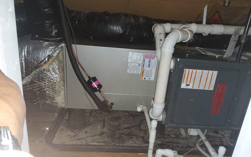 Completed evaporator coil replacement under parts warranty in attic-mounted HVAC system. Removed failed evaporator coil and installed new unit, reconnected refrigerant lines, verified proper drainage through PVC condensate system, and tested system operation to ensure proper cooling performance. All components functioning within manufacturer specifications upon completion.
