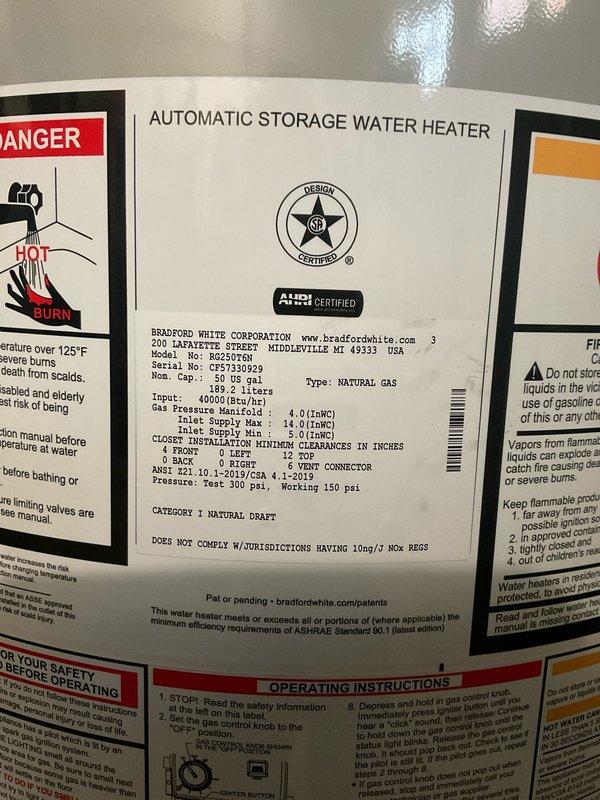 Responded to callback for 50-gallon Bradford White natural gas water heater experiencing recurring temperature and pressure relief valve leak, just two days after previous repair. Upon inspection, found T&P valve leaking again and water temperature continuing to rise despite thermostat adjustment to lowest setting, indicating potential thermostat failure and safety concern. Due to recurring failure, age of unit, and safety risk from uncontrolled temperature rise, recommended and customer approved complete water heater replacement to ensure safe and reliable operation.