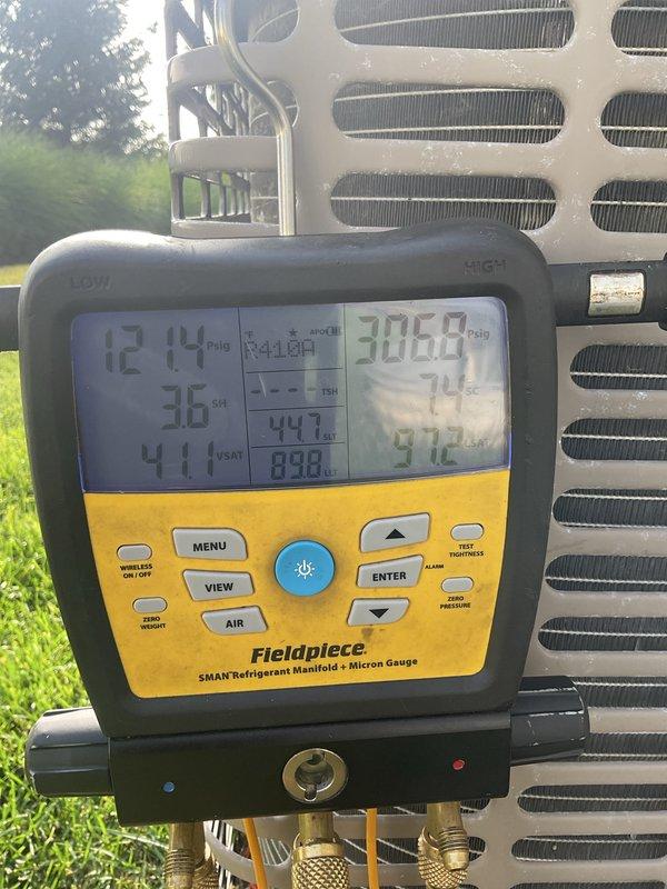 Completed scheduled cooling system tune-up and preventative maintenance on residential HVAC unit. Performed comprehensive system diagnostics using refrigerant manifold gauges, recording operating pressures and temperatures to verify proper refrigerant charge and system performance. Inspected Advanced Distributor Products evaporator coil assembly, confirmed piston metering device installation, and verified all components operating within manufacturer specifications. System tested and left in proper working condition.