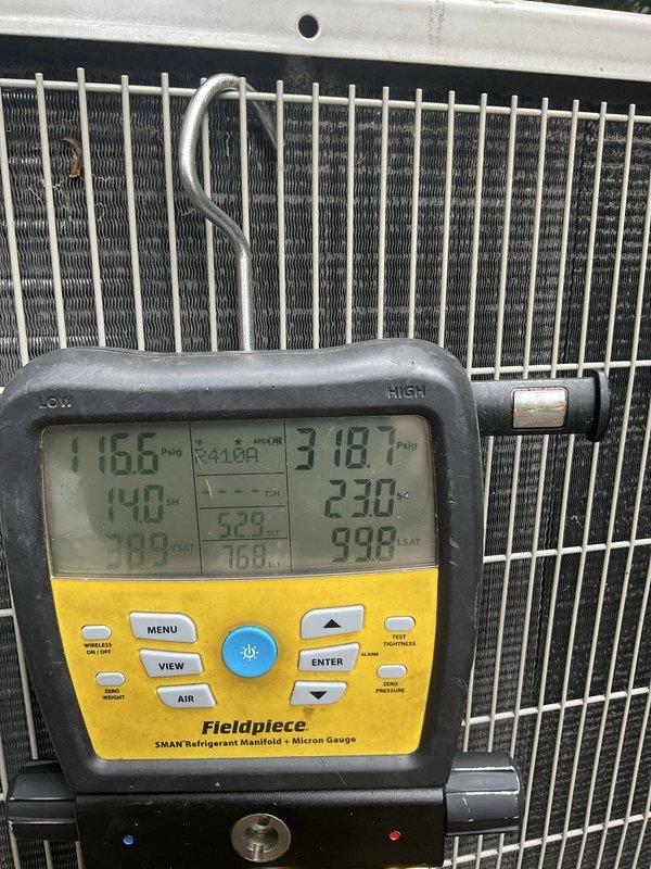 Performed scheduled tune-up maintenance on two residential air conditioning systems (5-year-old and 20-year-old units). Conducted comprehensive system diagnostics using refrigerant manifold gauges to verify proper refrigerant pressures and temperatures for R410A refrigerant. Measured operating pressures on both high and low sides, confirmed superheat and subcooling values within manufacturer specifications. Inspected condenser coils, verified proper airflow through heat exchanger fins, and confirmed both systems operating at optimal efficiency with no deficiencies noted.