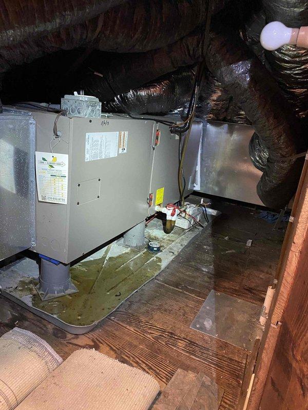 Responded to air conditioning system not cooling to set temperature with indoor temperature at 79°F and thermostat set to 68°F. Upon inspection, discovered extensive accumulation of organic debris, nesting material, leaves, and plant matter throughout the outdoor unit's electrical compartment surrounding wiring and components. Removed all debris from electrical compartment and verified proper operation of start relay and electrical connections. Inspected attic-mounted air handler unit, condensate pan, and ductwork for proper operation. Cleared vegetation from around outdoor unit perimeter to prevent future debris intrusion. System tested and confirmed cooling operation restored to normal parameters.