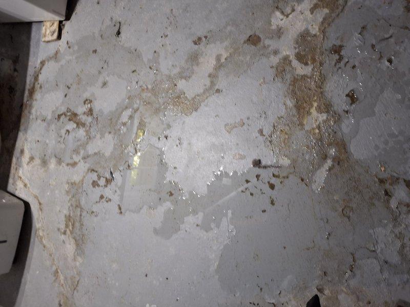 Responded to service call for moisture concerns on 2-3 year old AC unit with reported pipe wicking. Upon inspection, found condensate drainage system experiencing moisture accumulation around indoor air handler unit in basement mechanical room. Concrete floor showed extensive water staining and discoloration patterns indicating ongoing moisture issues. Examined drain pan, condensate lines, and insulation for proper installation and function. Documented conditions with photos showing equipment installation, floor staining, and moisture damage patterns. Recommended monitoring system for proper drainage and potential dehumidification solutions to address basement moisture levels affecting unit performance.