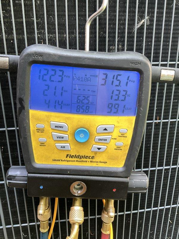 Completed courtesy cooling maintenance on 6-year-old air conditioning system. Performed comprehensive system diagnostics using refrigerant manifold and micron gauge, measuring operating pressures, temperatures, superheat, and subcooling values to verify proper refrigerant charge and system performance. All readings were within manufacturer specifications, and the unit is operating efficiently for the cooling season.