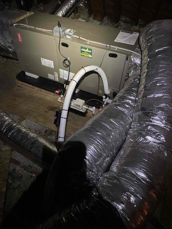 Completed comprehensive tune-up maintenance on 2-year-old HVAC system including air handler located in attic space and outdoor condensing unit. Performed standard preventive maintenance procedures including inspection of electrical connections, ductwork integrity verification, condensate drain line check, and overall system operational assessment. All components found to be functioning within normal parameters with no deficiencies requiring immediate correction.