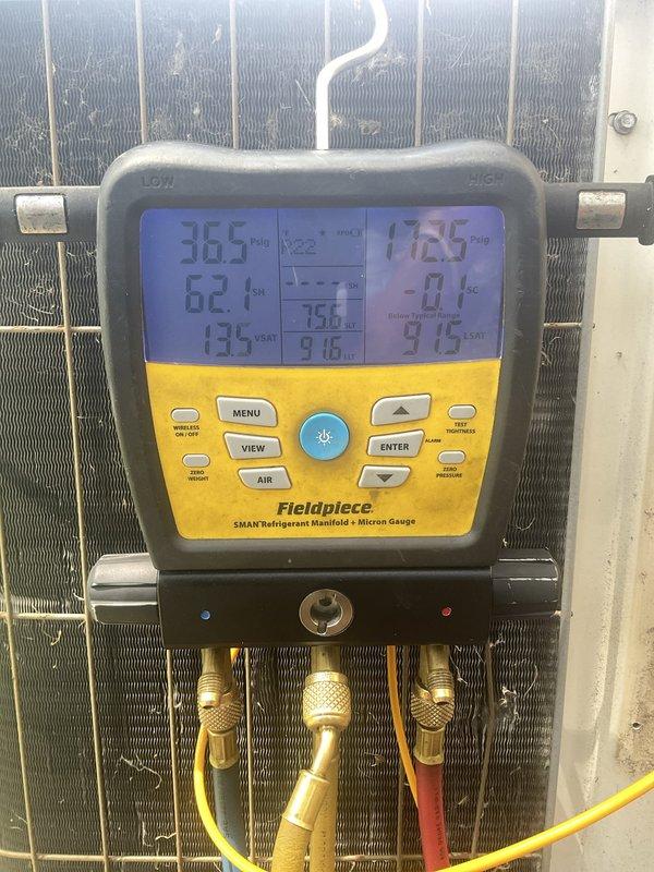 Responded to service call for non-operational air conditioning system. Upon arrival, performed comprehensive system diagnostics using digital manifold gauge set to assess refrigerant pressures, temperatures, and system performance. Evaluated both indoor furnace/air handler unit and outdoor condensing unit. Measured system pressures and superheat/subcooling values to determine operating conditions. Identified issue preventing system operation and completed necessary repairs to restore cooling function. System tested and verified operational before departure.