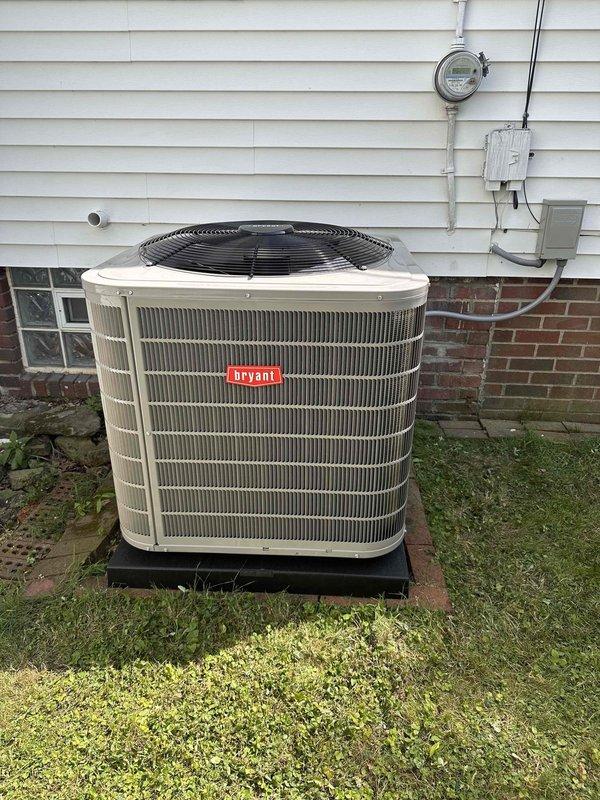 Completed full HVAC system installation featuring new Bryant outdoor condensing unit. Installed equipment on elevated platform with proper clearances from structure, established electrical connections including disconnect box and meter integration, and routed refrigerant lines and condensate drainage. Evacuated system to proper micron levels, charged with R454B refrigerant to manufacturer specifications, and verified operating pressures and system performance using calibrated manifold gauges.