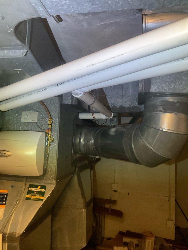 Removed existing conventional water heater and installed new wall-mounted tankless water heater unit in basement utility area. Completed all necessary plumbing connections including copper supply lines, PVC venting system, and associated shut-off valves to ensure proper operation and code compliance.