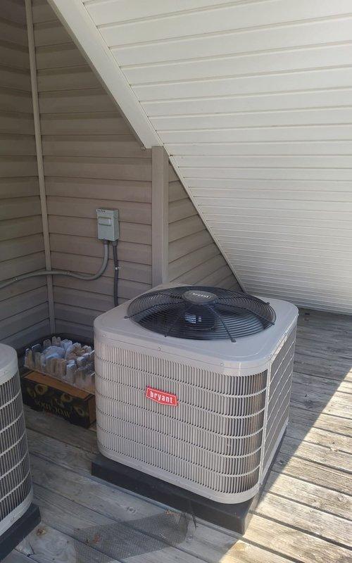 Completed preventive maintenance tune-up on two residential air conditioning systems at a duplex property. Serviced the upper unit located in the attic first, followed by the lower unit with outdoor Bryant condenser installed on rear deck. Performed standard inspection, cleaning, and operational testing on both systems to ensure optimal performance for the cooling season.