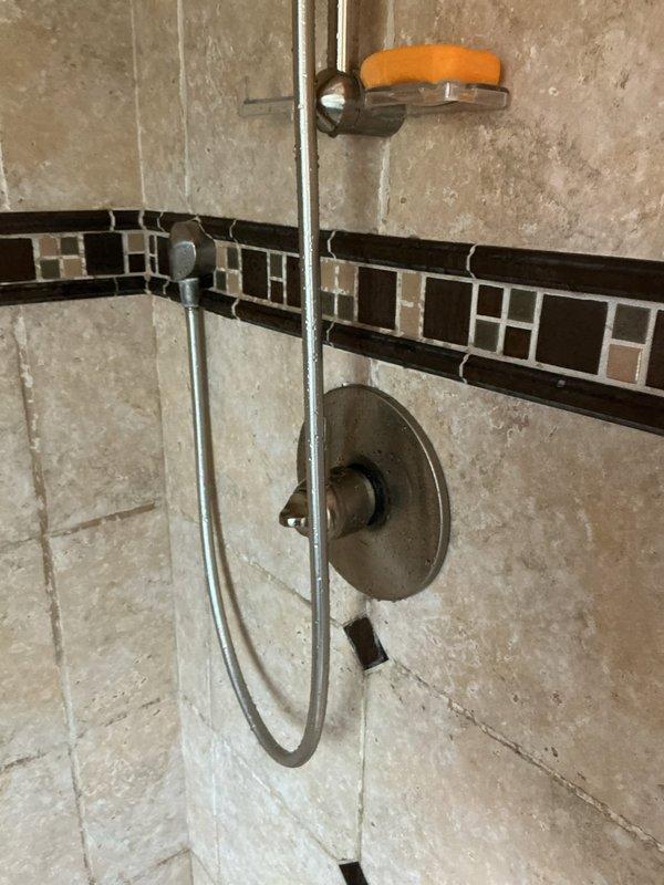 Serviced and evaluated three Hansgrohe faucet fixtures in residential shower installation. Inspected handheld shower system with chrome-finished slide bar assembly, adjustable bracket mechanism, and flexible hose connection, ensuring proper mounting bracket security and operational functionality. Confirmed brand compatibility and completed necessary repairs to restore fixtures to proper working condition.