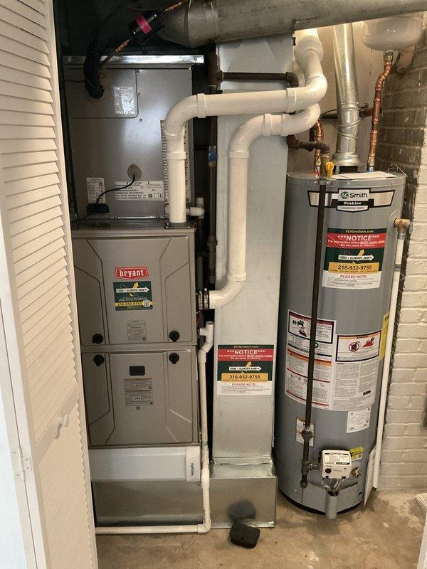 Responded to callback for banging noise in ductwork. Upon arrival, performed thorough inspection of Bryant furnace system and associated ductwork in utility area. Examined furnace operation through complete heating cycle to identify source of noise complaint. Inspected refrigerant line installation, mounting brackets, and PVC condensate drainage system for proper securing and potential contact points. Verified all pipe insulation, copper fittings, and mechanical connections were properly fastened to eliminate vibration transfer to ductwork. System operating within normal parameters with no immediate mechanical deficiencies observed.