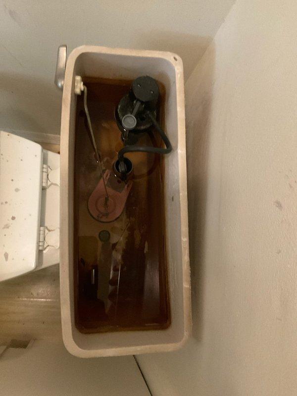Responded to service call for broken toilet handle and internal tank leakage. Upon inspection, removed tank lid and found severely discolored water with heavy rust and mineral deposits throughout tank interior. Assessed flush mechanism components including deteriorated flapper, flush valve assembly, and fill valve system. Replaced faulty flush handle assembly and installed new flapper to eliminate continuous water leak into bowl. Addressed internal tank staining caused by mineral buildup and corrosion. Tested flush operation to ensure proper handle function and complete water shutoff between flush cycles, restoring normal toilet operation.